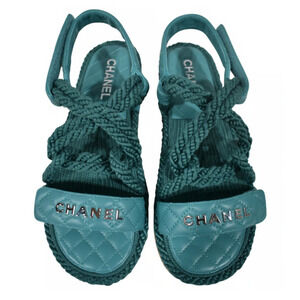 Chanel 21S Dad Green Blue Cord Rope CC Quilted Mule Ankle Strap Sandal Flat 40